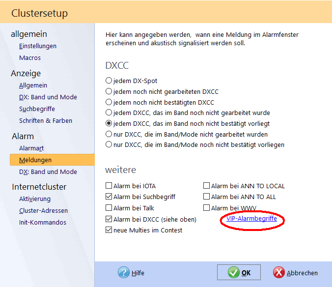 DX-Cluster VIP-Alarm aufrufen