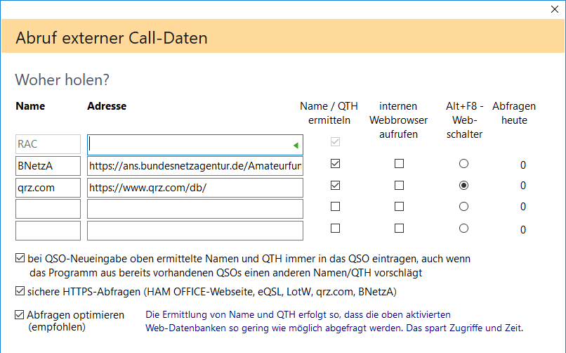 Optimierung des Webzugriffs auf QRZ.com und Bundesnetzagentur