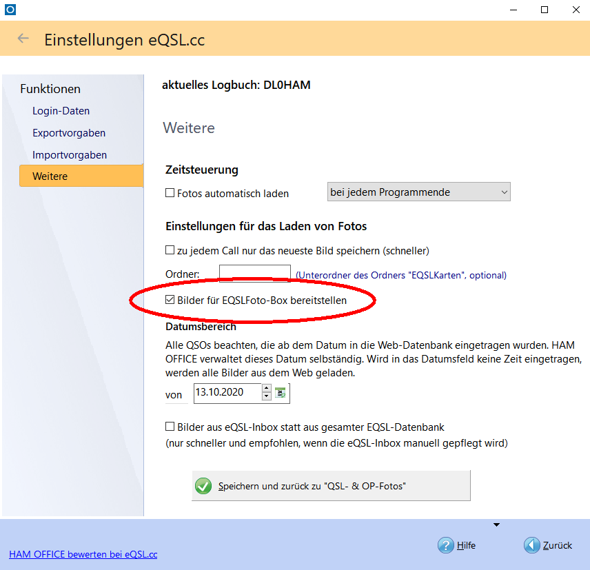 Option zum Bereitstellen der Bilder fr eQSLFoto-Box