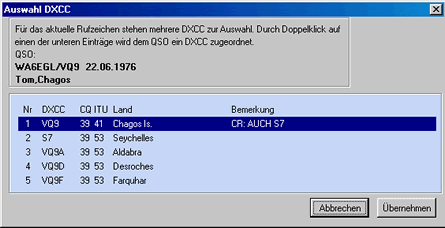Logbuchimport DXCC-Auswahl