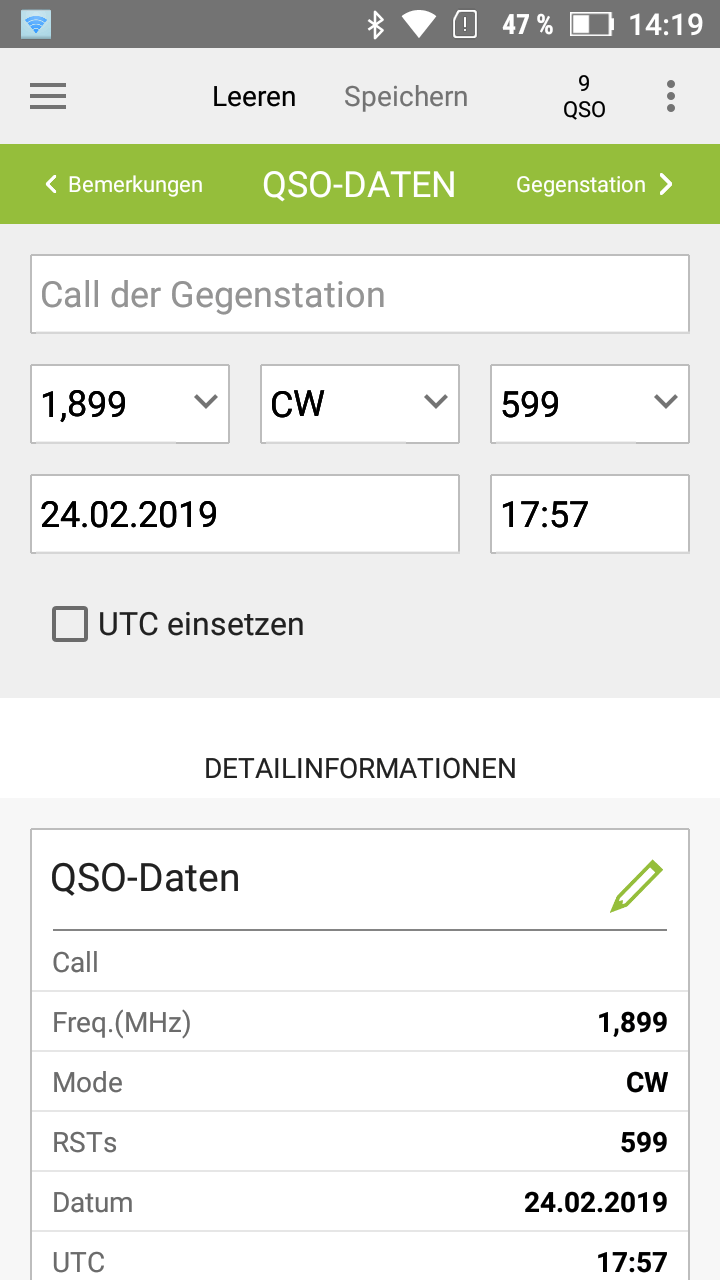 Screenshot mit den wichtigsten QSO-Datenn